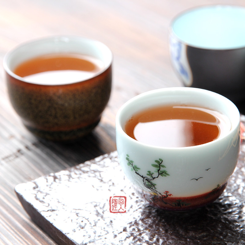 Ceramic tasting cup Jingdezhen Coarse Pottery Kutiongfu Tea With Green Porcelain Hand-painted Small Tea Cup Master Cup Single Cup Tea Puer