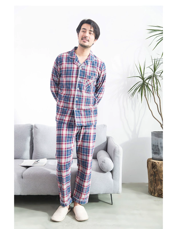 Top vài bộ đồ ngủ dài tay nữ cotton kẻ sọc sanded cotton mùa thu giản dị đồ ngủ nam phục vụ nhà bộ đồ mặc nhà mùa hè