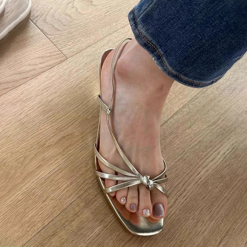 Gold Genuine Leather Single Strap Chunky Heel Sandals for Women, Summer 2026 New Style, Kitten Heel, French Mid-Heel, Thin Strap, Open-Toe Roman Shoes
