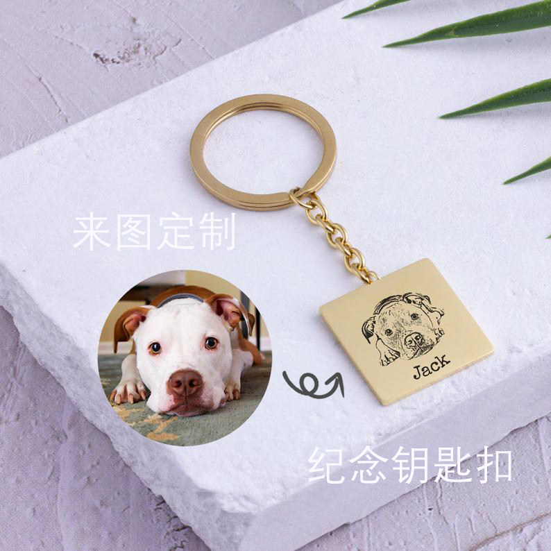 Ins style pet cat and dog avatar photo diy keychain to map custom engraved name cute car bag square pendant