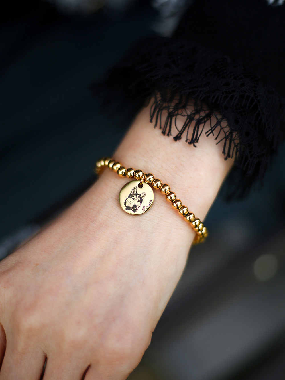 Original design pet portrait bracelet cat, dog, hamster, parrot, chinchilla commemorative gift, engraved text, photo ornament