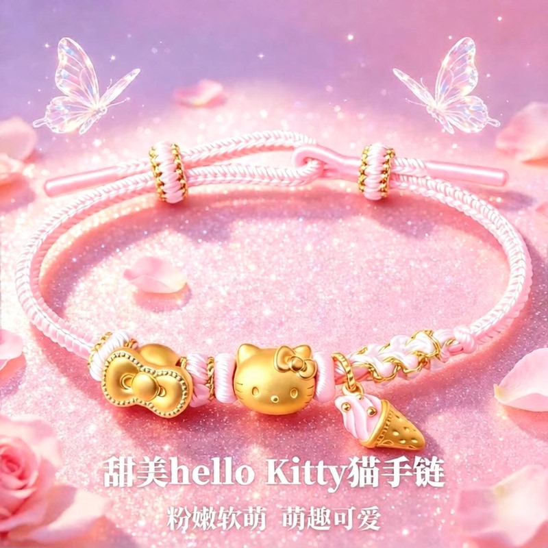 Official Genuine Hello Kitty Cat Bracelet for Women, Gold-Plated Silver Charm, Gift for Girlfriend on Qixi Festival