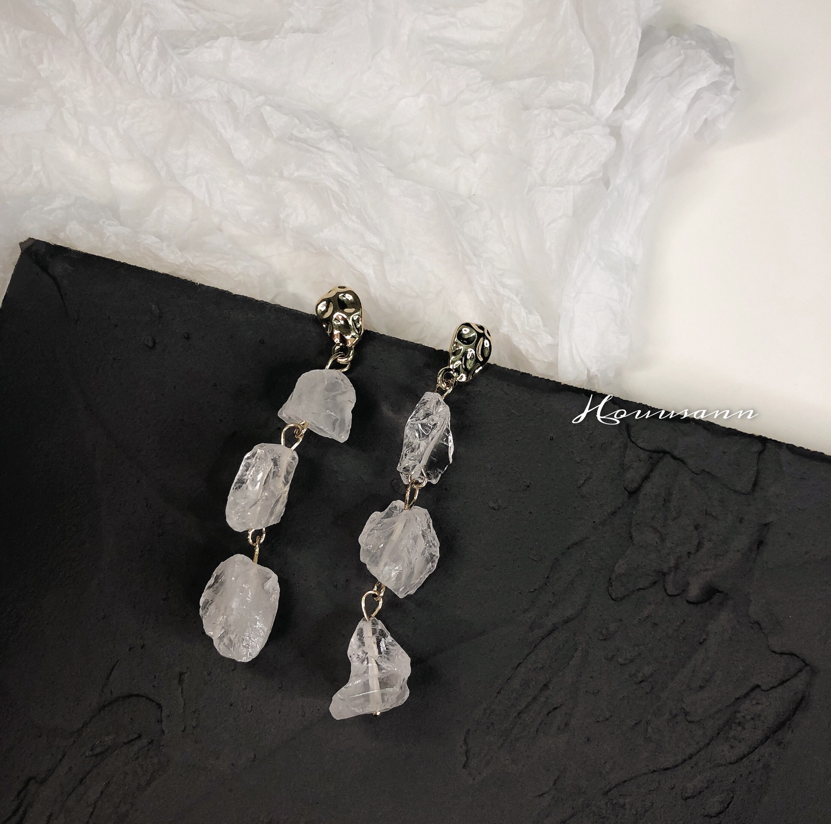 s925 silver needle ice sugar Sydney Japan-ROK white temperament extremely brief wind crystal raw stone Thin Long Version Earrings Earrings