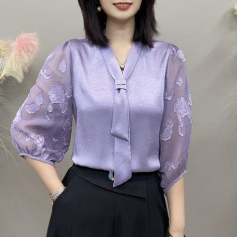 2026 Spring/Summer New Lace Puff Three-Quarter Sleeve Solid Color Elegant Versatile Shirt Y Slimming and Brightening Exquisite Top