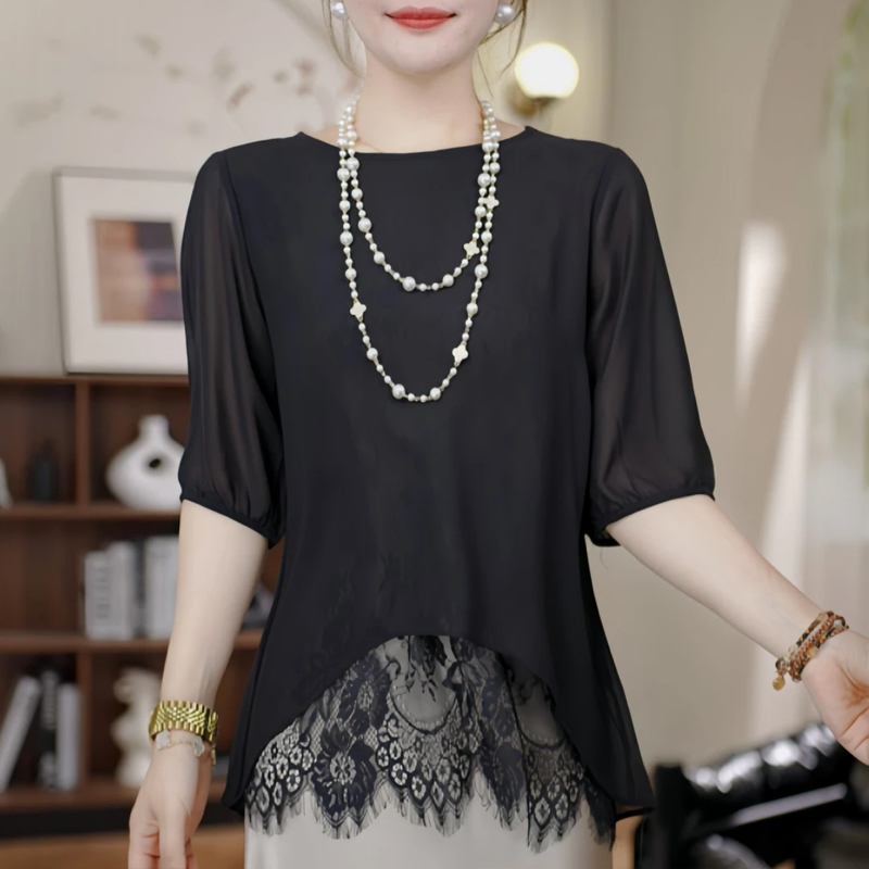 Elegant Lace Hem, Loose Sleeves, Breathable and Versatile T-Shirt, Light Luxury, Fashionable, Trendy, Stylish, Slimming Top for Women