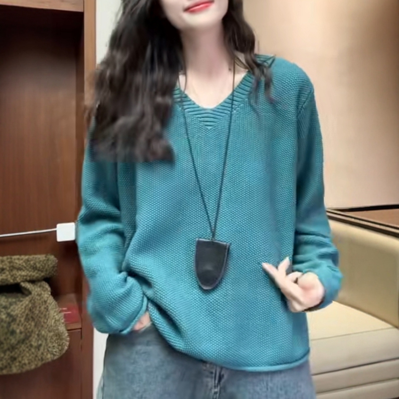 Early Spring New Fashion Casual Versatile V-Neck Cotton Knit Sweater B Loose Slimming Solid Color Elegant Women's Sweater