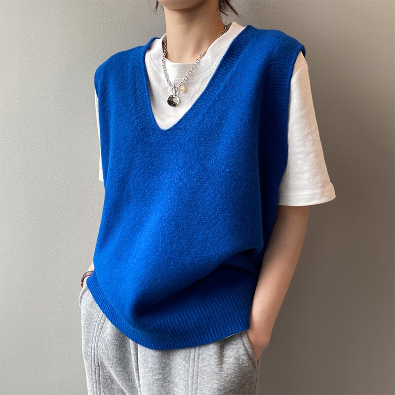 Klein Blue Trendy Sweater, Niche Wool Vest, Lazy and Sophisticated Style, Layered Knit Vest for Women