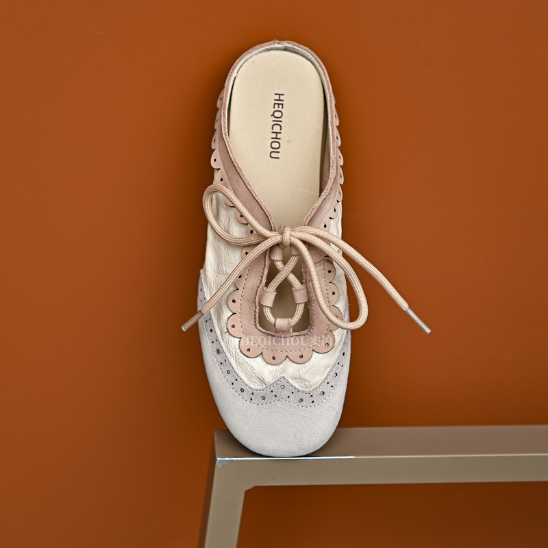 How Ugly They Are! Off-White Retro Palace-Style Lace-Up Closed-Toe Slip-On Mules for Women, New Flat-Soled Half-Slippers How Ugly They Are! Off-White Retro Palace-Style Lace-Up Closed-Toe Slip-On Mules for Women, New Flat-Soled Half-Slippers