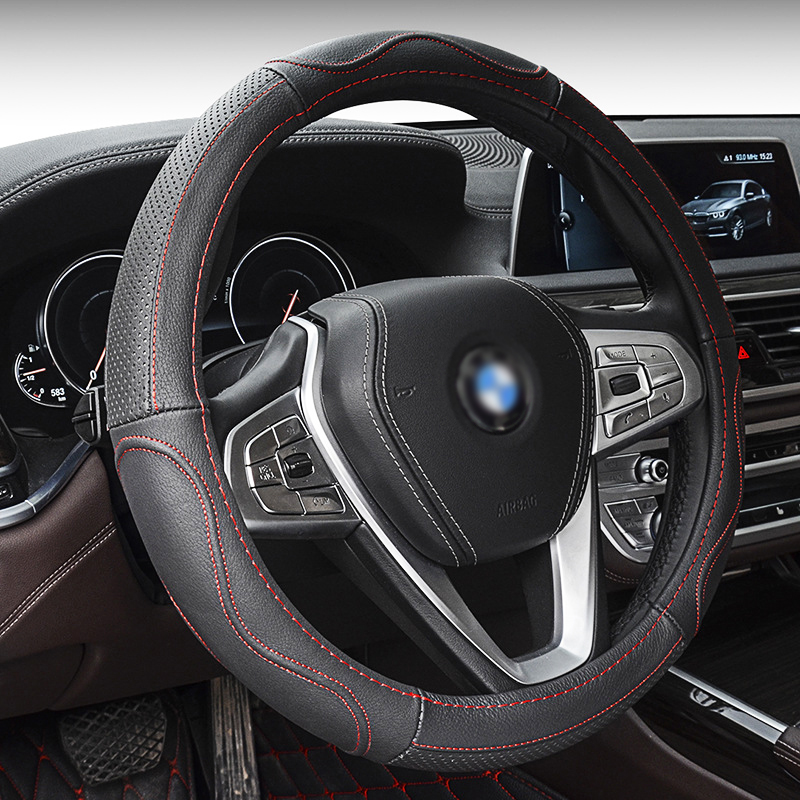 Car steering wheel cover leather steering wheel cover hand sewing direction cover four seasons handle cover medium M size steering wheel leather cover