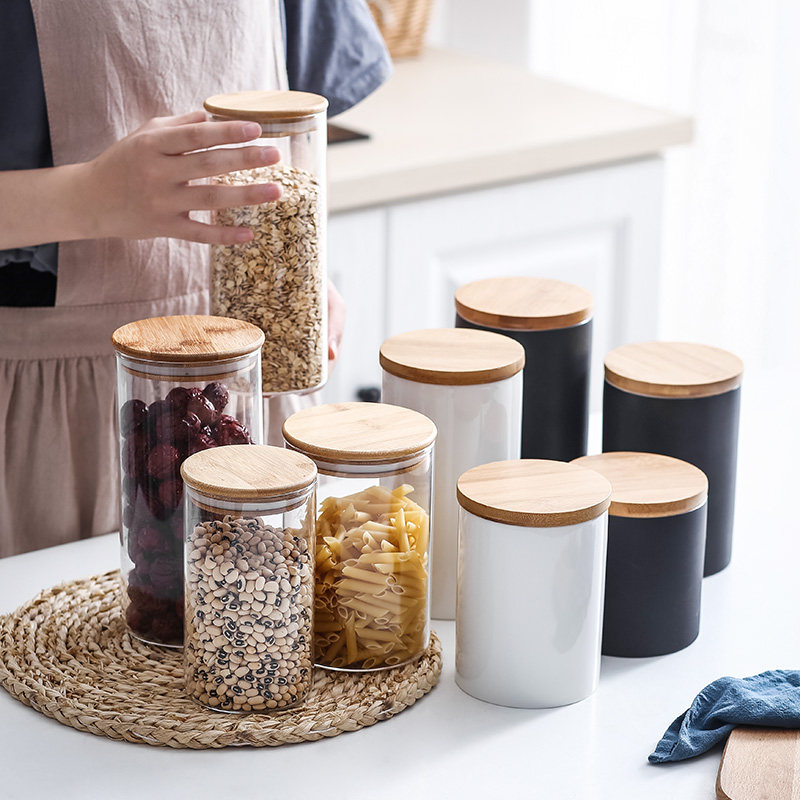 Kitchen sealed tank storage tank storage tank Five grains ceramic flower tea leaf food storage bottle jar with bamboo lid