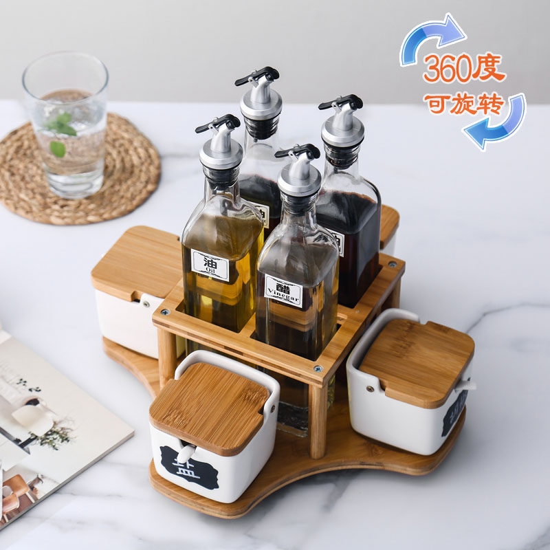 Ceramic seasoning pot household kitchen glass salt sugar seasoning box oil bottle oil pot combination set seasoning bottle can be rotated