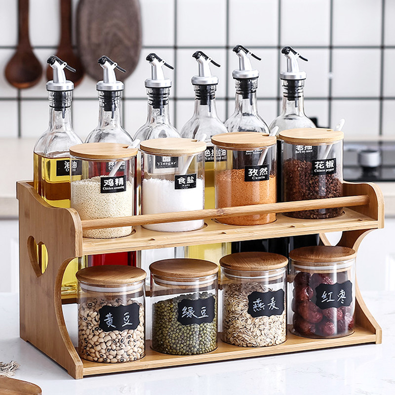 Nordic glass seasoning tank Household kitchen ceramic salt sugar oil bottle Seasoning bottle Combination set Seasoning box Sealed tank