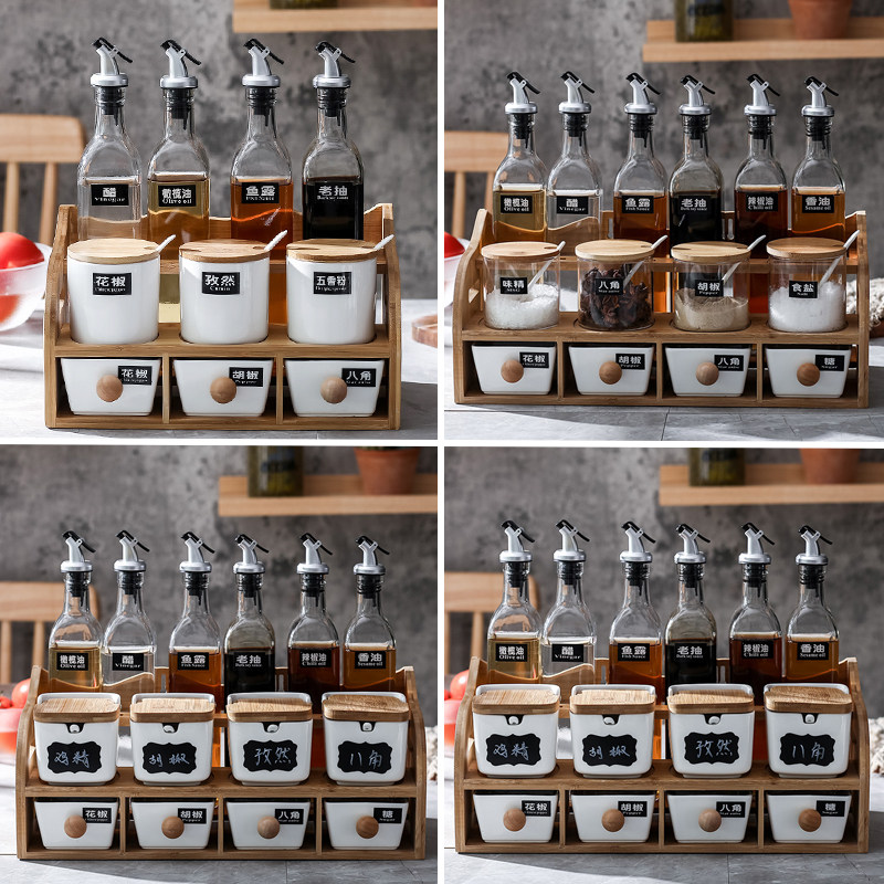 Household seasoning box Glass oil bottle combination set Kitchen oil salt sauce seasoning bottle Nordic Ceramic double seasoning tank