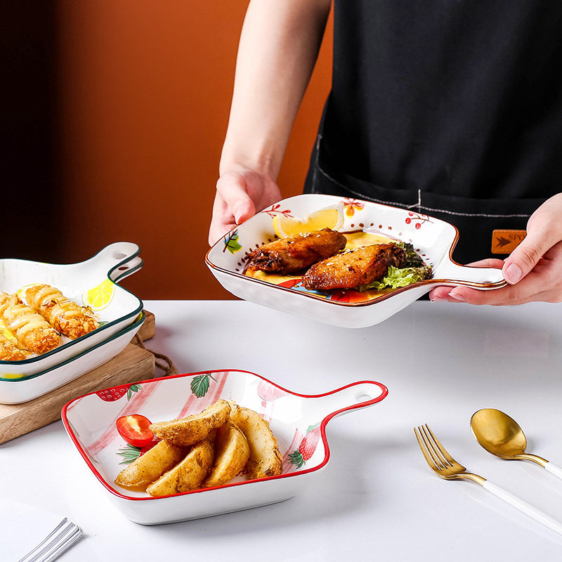 Nordic Cutlery Creative Nets Red Dishes Home Single Shank Baking Pan Ceramic Ovens Special Ovens Baking Rice Trays Cute Dishes