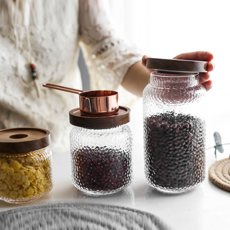 Glass hammer mesh pattern kitchen large transparent sealed storage tank Food coffee sealed tank Dried fruit grain storage tank