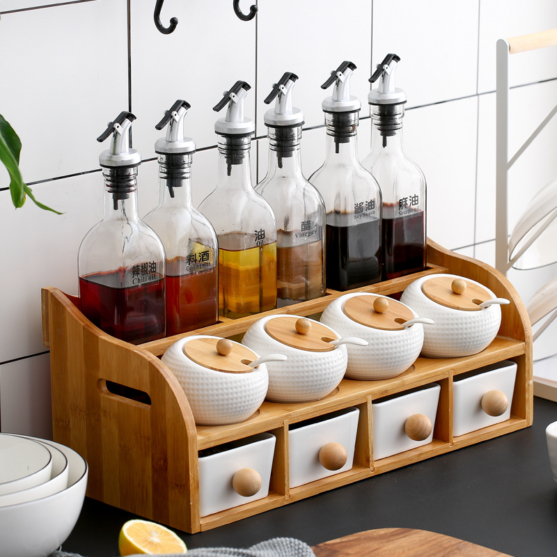 Kitchen Ceramic Seasoned Jar Sauce Box Suit Home Seasoned Bottle Composition Suit Glass Oil Bottle Sauce Vinegar Oil Pot