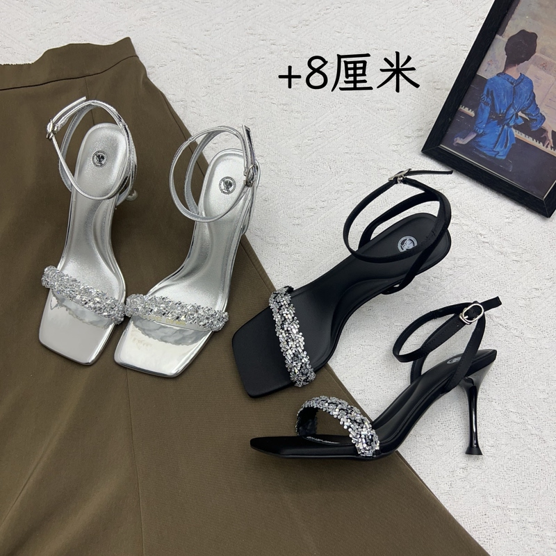 2026 Summer New Style Thin-Heeled Rhinestone Sandals for Women, Summer Outerwear, High-End Ankle Strap Open-Toe High-Heeled Shoes for Women