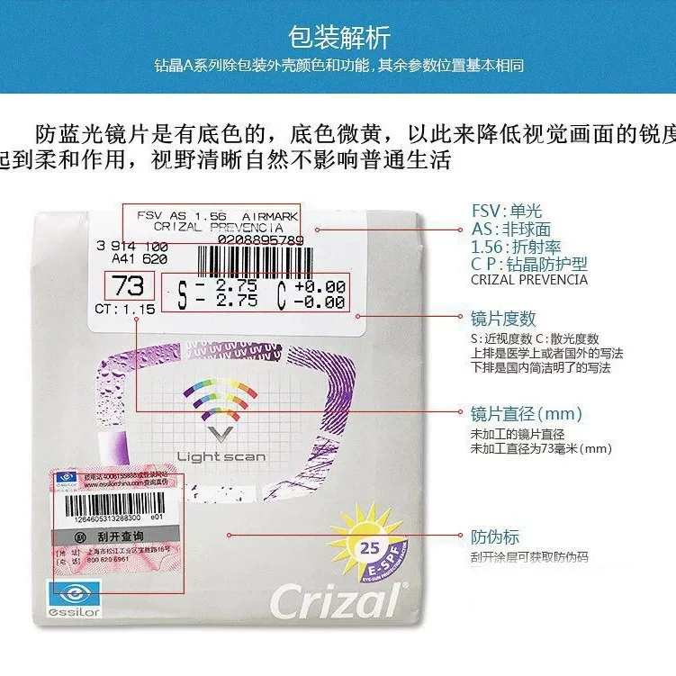 Essilor lens diamond crystal film rock film clean myopia ultra-thin A4 aspheric anti-fatigue anti-radiation film to prevent blue light