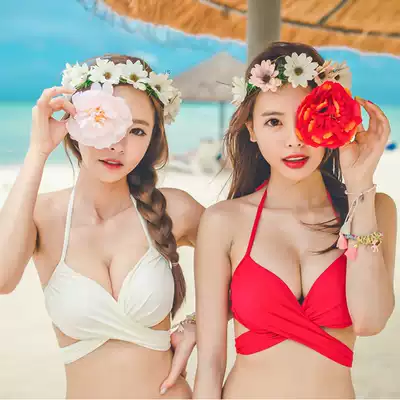 Beach bikini female seaside vacation 2-piece set size chest gathered fluorescent two-piece swimsuit thickened sexy swimsuit