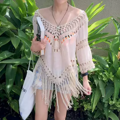 Bikini blouse with large size tassel seaside holiday sunscreen women hollow swimsuit jacket knitted sweater long version