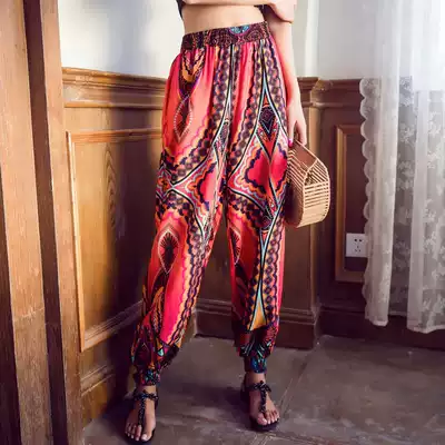 Bohemia beach pants ethnic cotton silk trousers flower pants bloomers set women seaside beach wide leg pants