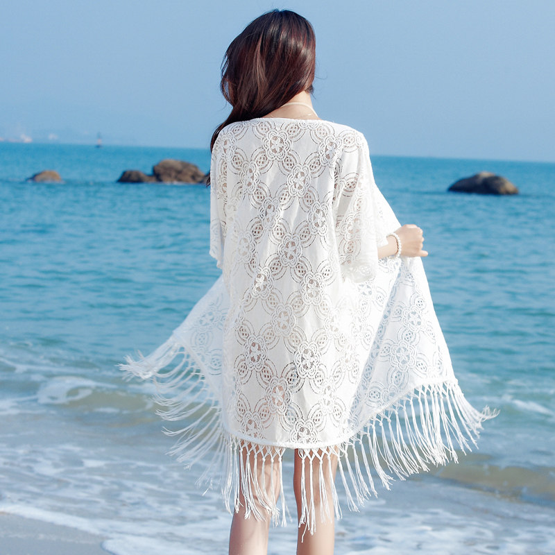 Sunscreen clothes Women's hot spring sand cover bikini blouse Lace blouse Medium and long version of tassel swimsuit Beach jacket