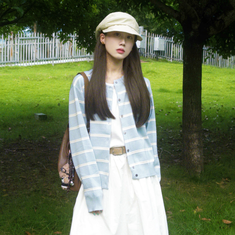 Milk Blue Striped Color-Blocked Sweater Cardigan Korean Style Gentle Style Petite Soft Baby Blue Knit Sweater Jacket for Women