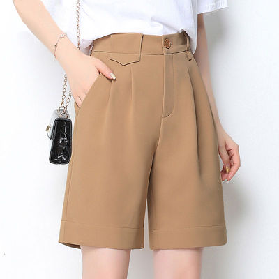 2021夏季新款冰丝四分短裤女阔腿a字高腰显瘦时尚压褶五分热裤子