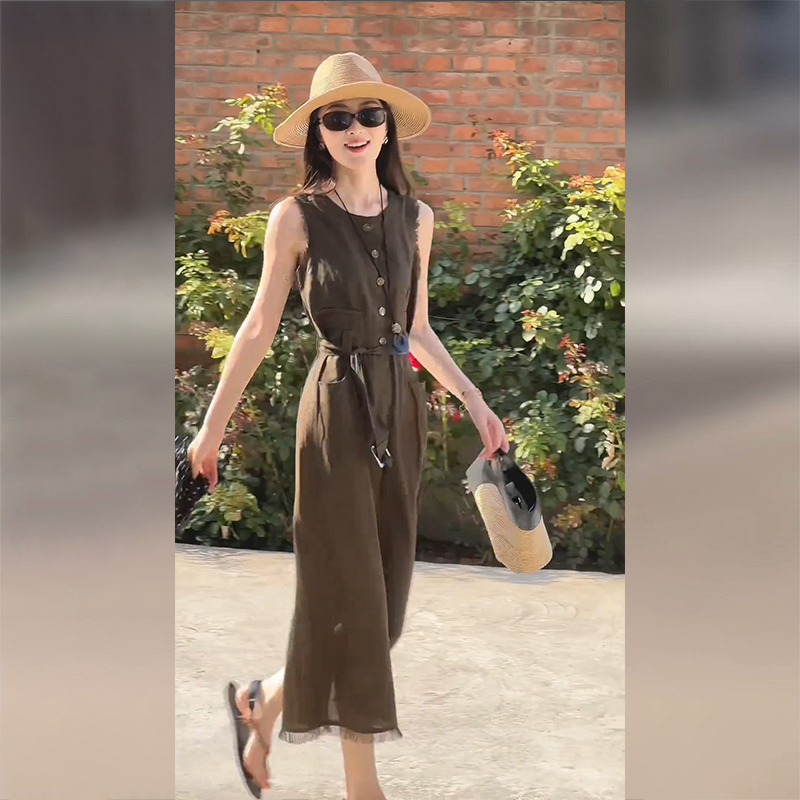 French-Style Sleeveless Cotton and Linen Dress for Women 2025 New Summer Light Luxury High-End Super Pretty Elegant Linen Long Dress