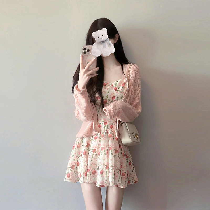 French Chic Niche Waist-Cinching High-End Skirt Design Ice Silk Cardigan Floral Dress Two-Piece Set for Women Summer