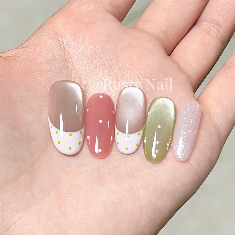 [Cream Guava] Summer French-Style Colorful Polka Dot Cat-Eye Handmade Wearable Nails, High-End Whitening Nail Patches