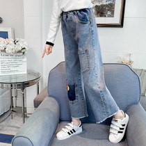 Spring and autumn girls jeans childrens casual pants Primary School students loose wide leg pants big girls autumn trousers 12 years old