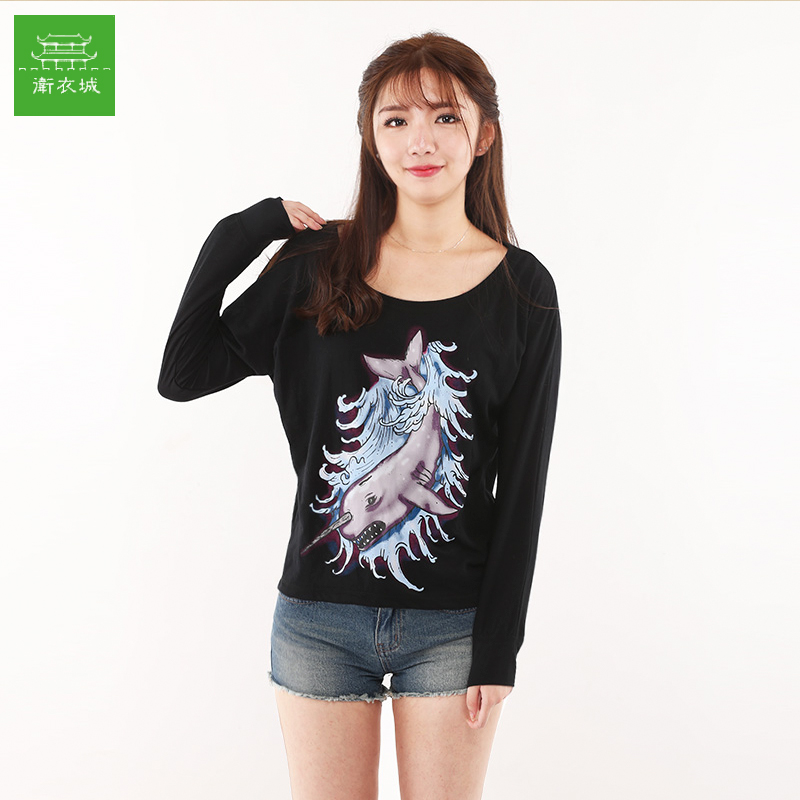 Female pure cotton printed bat sleeve long sleeve T-shirt