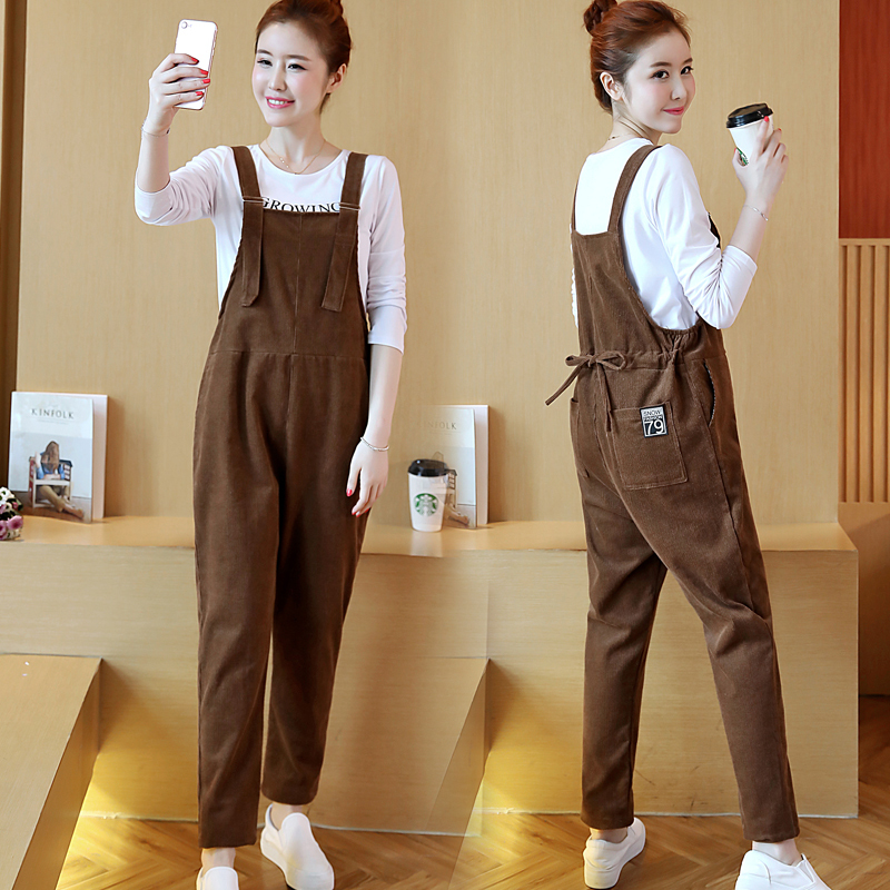 Maternity Overalls Winter Wear Spring and Autumn All-Cotton Two-Piece Set No Need to Take Off Small Size Pants Thickened Fleece-Lined Belly Support Pants