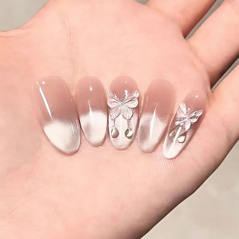 Cat-Eye Butterfly Flower Wearable Nails Nude Color Gradient Nail Stickers Pure Handmade Removable Fake Nails Finished Nail Pieces