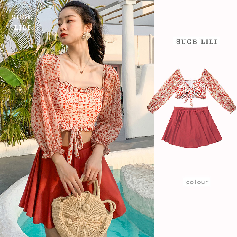 Two-piece swimsuit female Korean ins conservative skirt two-piece long sleeve cover arm slim fresh hot spring swimming