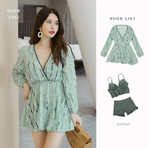 Swimsuit womens split three-piece shirt hot spring Conservative belly thin Lotus small breasts gather swimming suit