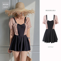 Swimsuit female summer conjoined conservative student 2021 new belly thin color matching mosaic hot spring fairy swimsuit skirt style