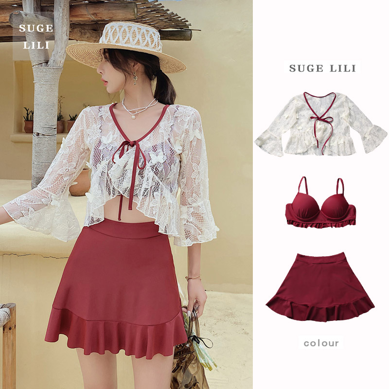 Swimsuit women's two style skirts conservative three sets of small breasts to gather high waist cover with slim frescoed hot spring holiday wines