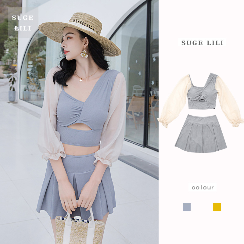 Swimsuit women's two style two sets of skirt-style conservative belly-covered slim long-sleeved student holiday spa swimming fairy Fan