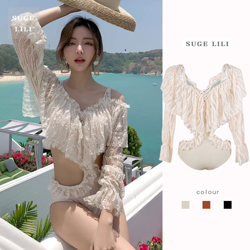 Long sleeve swimsuit woman with a small crowd of sexy leaky waist and beauty back lace florian lace wonderland South Korean spa holiday fairy Fan