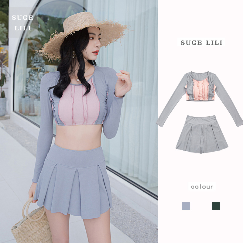 Swimsuit Women in two style skirts Two sets Long sleeves conservative Belly Up Slim High Waist Fairy Pham Spa Student Swimsuit