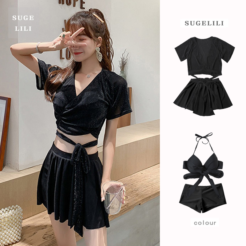 Black swimsuit women's two style four sets of students Sexy and slim conservative adolescent girls dress holiday spa with little balsamic style