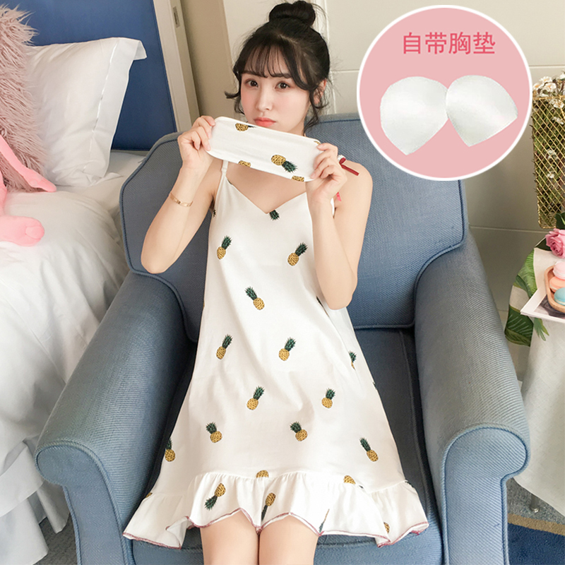 Sling nightdress women's summer cotton thin section Korean version sexy cute student pajamas can be worn outside with chest pads home clothes