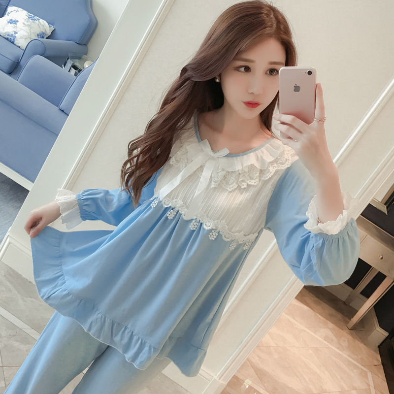 Pajamas women's pure cotton spring and autumn long-sleeved cute Korean version Lace home dress Summer princess fresh two-piece suit