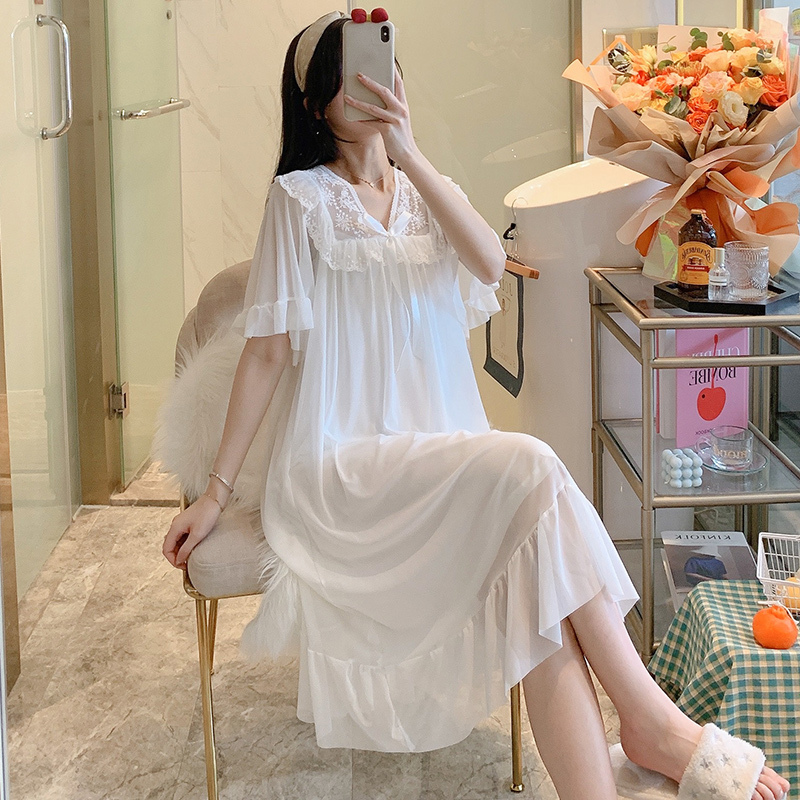 Palace-Style Princess Nightgown, Summer Thin and Sweet Modal Sleepwear, Sexy Mesh Ice Silk Loungewear for Summer Palace-Style Princess Nightgown, Summer Thin and Sweet Modal Sleepwear, Sexy Mesh Ice Silk Loungewear for Summer
