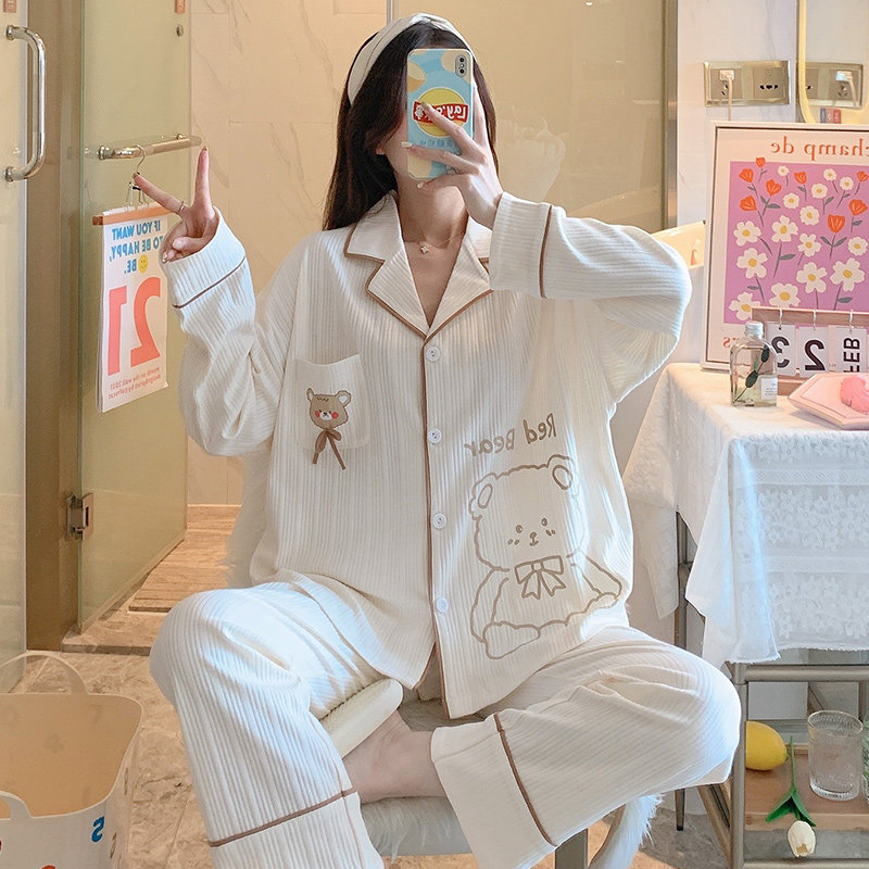 2022 New pyjamas women's spring and autumn season long sleeves pure cotton extractable outside wearing two-piece suit net red exploits home in summer