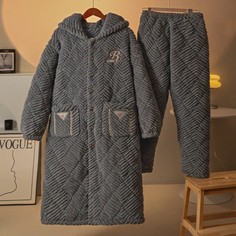 Mid-length style sleeping robe for men's autumn and winter coral suede clip cotton triple layer pyjamas thickened suede suit flannel flannel-Taobao