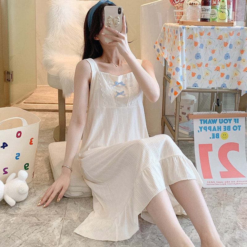 2021 New Sleepwear Women's Summer Pure Cotton Sweet And Cute Bow Tie Students Loose Princess Harnesses Sleeping Dresses