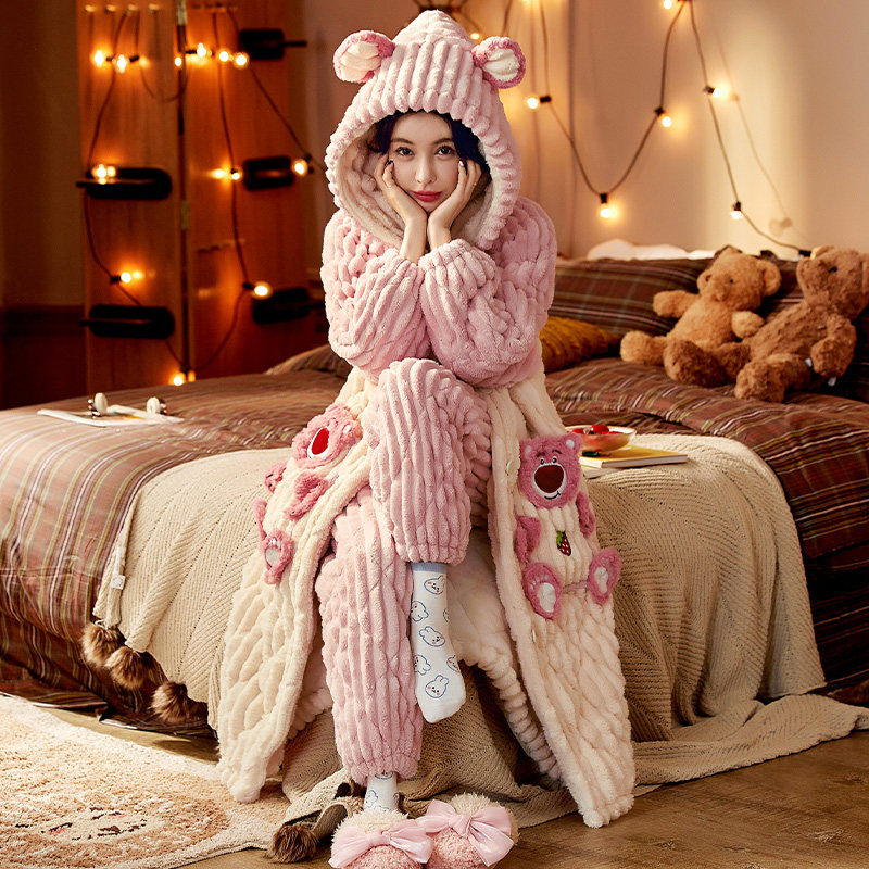 2023 New Coral Suede Pajamas Woman Autumn Winter Thickened Triple Clip Cotton Flannel Velvet Sleeping Gown Home Suit-Taobao